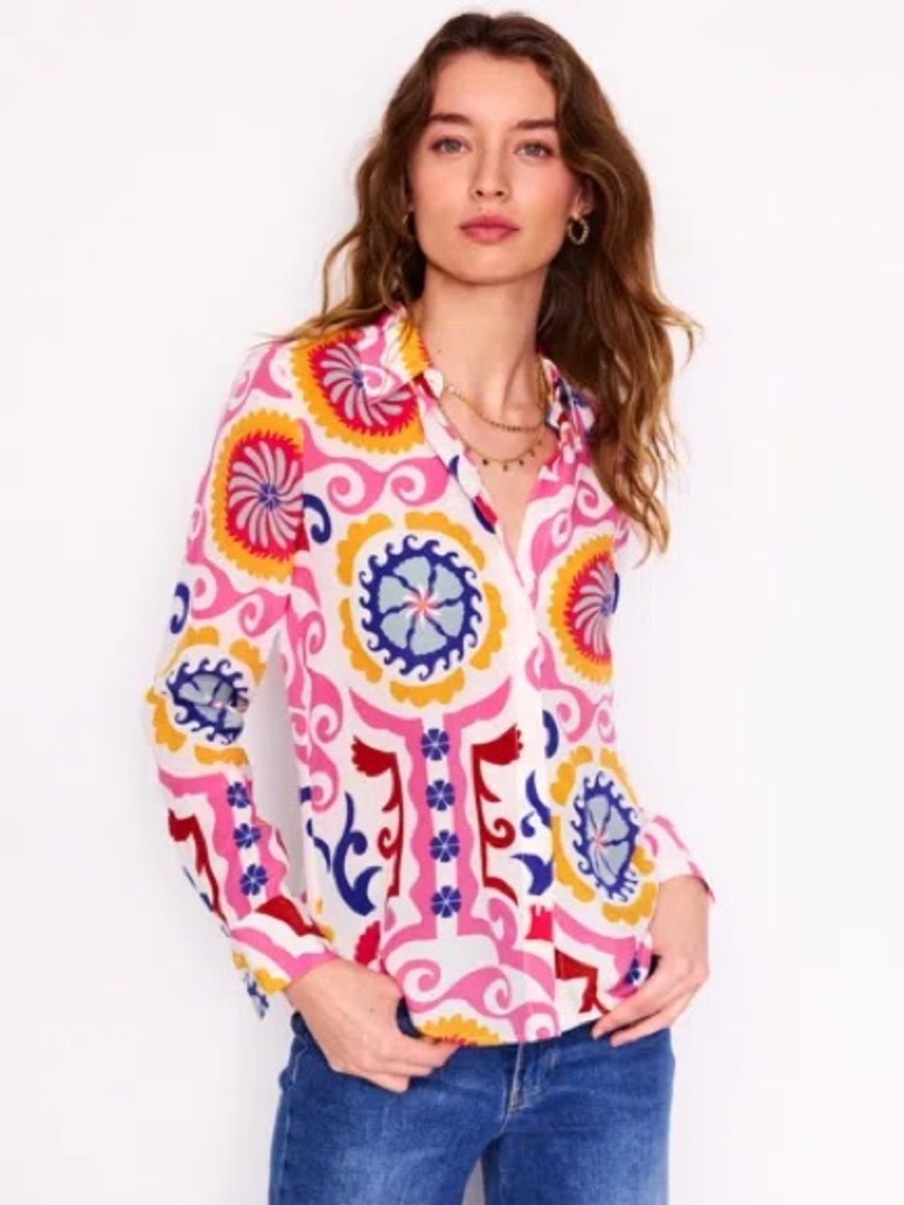 Boden Sienna Silk Multicolor Long Sleeve Button Down Top